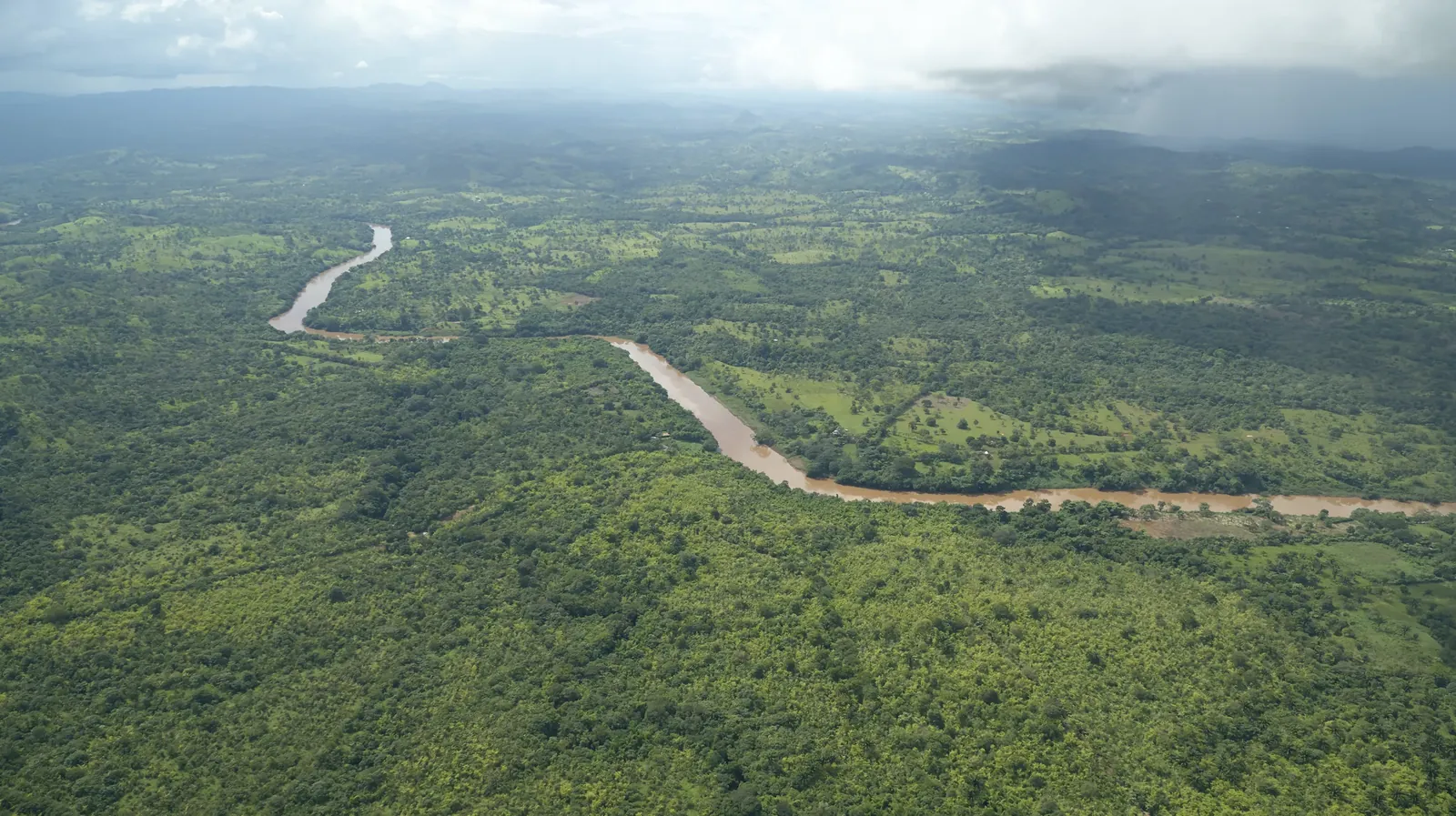 Aerial view of the Rio Siquia winding through restored land, Nicaragua
