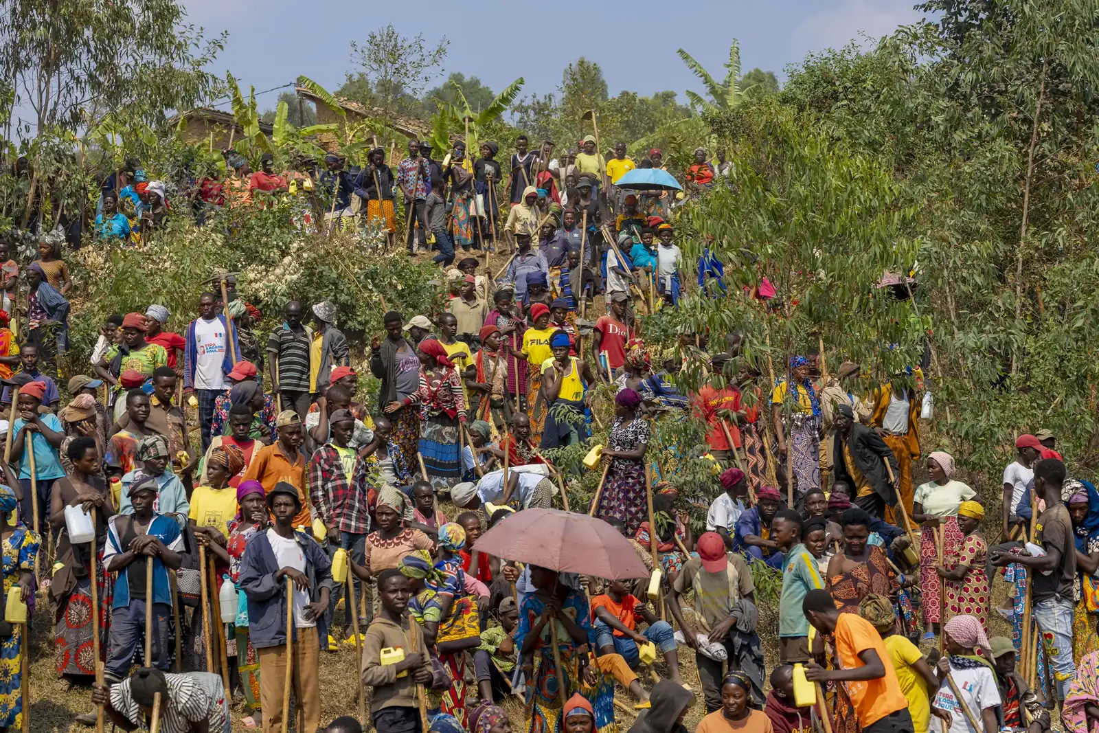 Community members with hoes on a Rwandan hillside